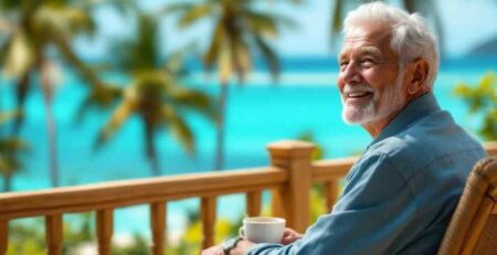 Entspannte Person am Strand mit Blick auf das Meer, symbolisiert Freiheit im Ruhestand