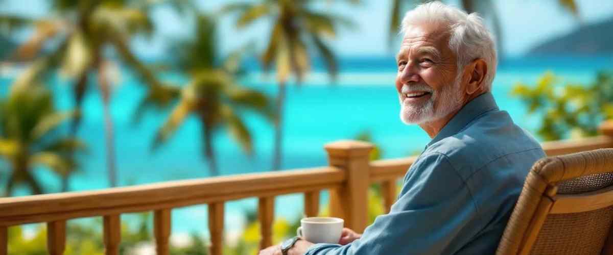 Entspannte Person am Strand mit Blick auf das Meer, symbolisiert Freiheit im Ruhestand