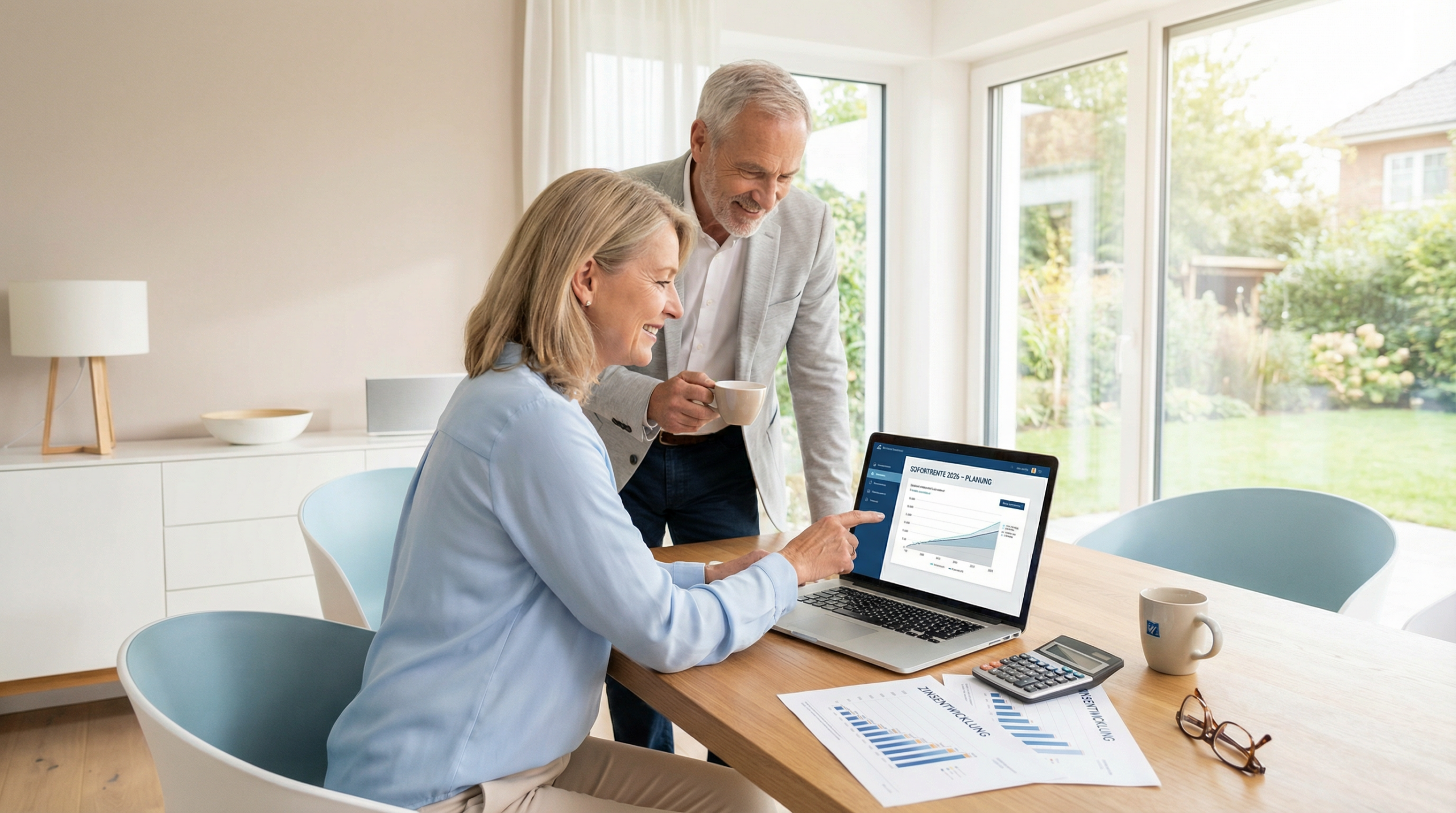 Sofortrente 2026 Vergleich – Rentner-Paar plant Altersvorsorge mit Zinsentwicklung