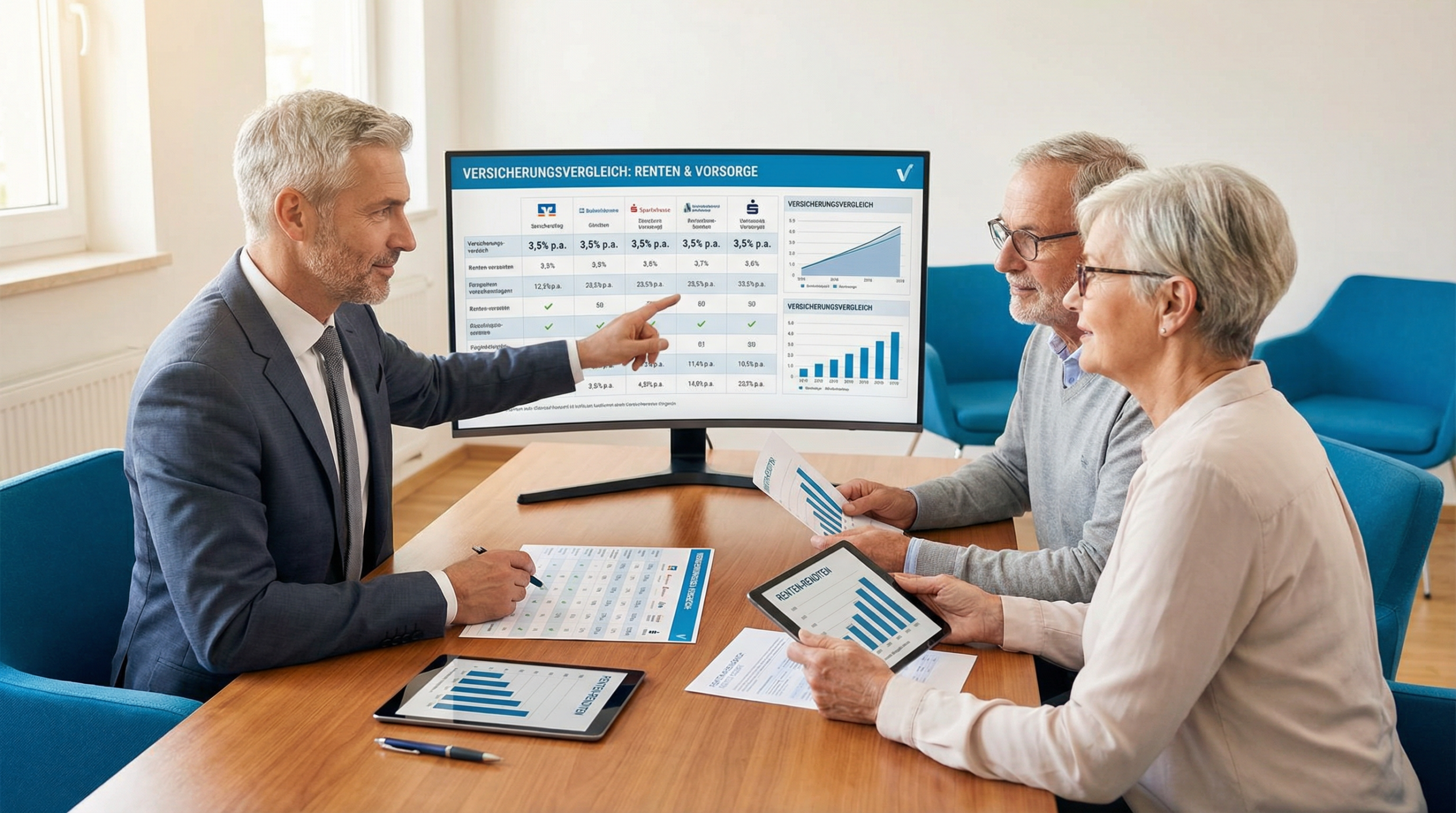 Sofortrente Anbieter Vergleich 2026 – Berater erklärt Seniorenpaar die besten Tarife und Renditen