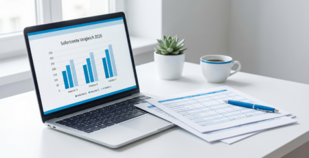 Sofortrente Anbietervergleich 2026 – Laptop mit Vergleichsdiagramm und Vergleichstabellen auf dem Schreibtisch