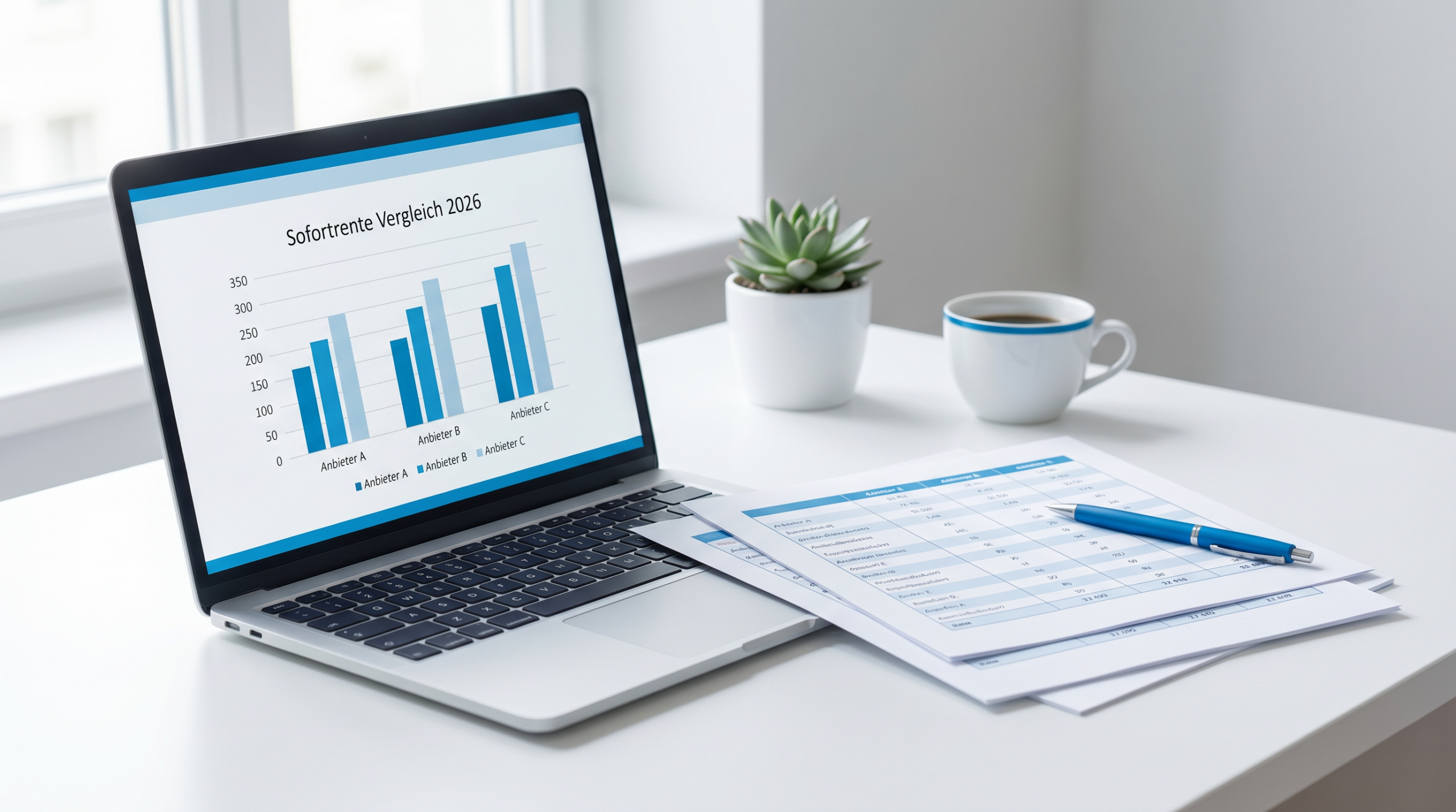 Sofortrente Anbietervergleich 2026 – Laptop mit Vergleichsdiagramm und Vergleichstabellen auf dem Schreibtisch